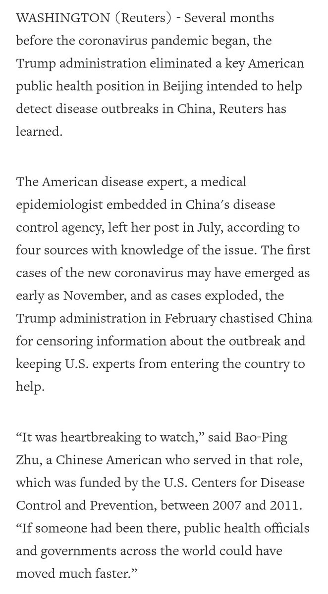 In July 2019, the Trump administration ELIMINATED a public health position in Beijing that its main purpose was to detect disease outbreaks in China. Literally, a key position!  #COVID19