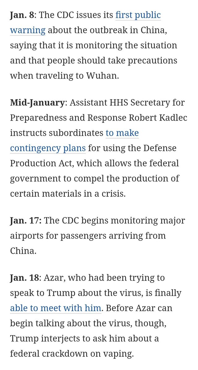 All throughout January, both the CDC and Trump were being warned about a virus. Instead, Trump asks HHS Secretary Azar to focus on vaping. WHO declared it as an public health emergency in JANUARY and recommended early detection, isolating and treating cases, and social distsncing