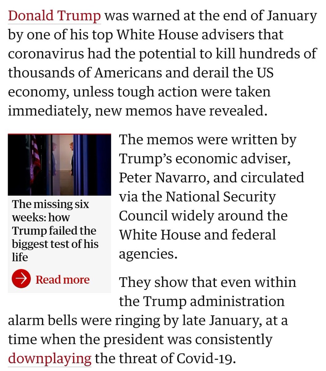At the end of January, Trump's economic adviser Peter Navarro circulated around the White House and federal agencies that unless U.S takes action, hundreds of thousands of Americans will die! Another memo was sent in February as well