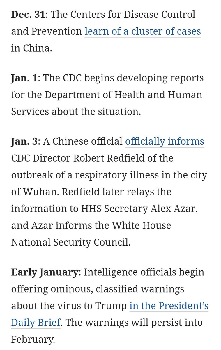 All throughout January, both the CDC and Trump were being warned about a virus. Instead, Trump asks HHS Secretary Azar to focus on vaping. WHO declared it as an public health emergency in JANUARY and recommended early detection, isolating and treating cases, and social distsncing