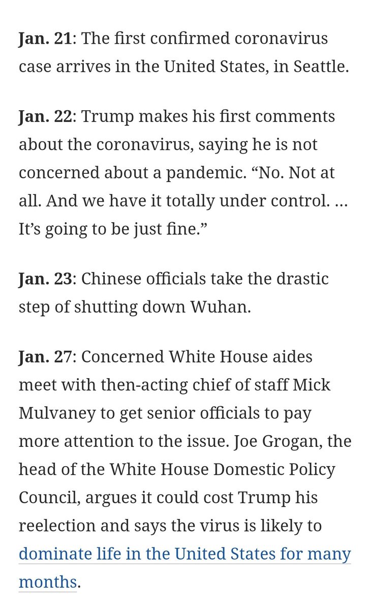 All throughout January, both the CDC and Trump were being warned about a virus. Instead, Trump asks HHS Secretary Azar to focus on vaping. WHO declared it as an public health emergency in JANUARY and recommended early detection, isolating and treating cases, and social distsncing