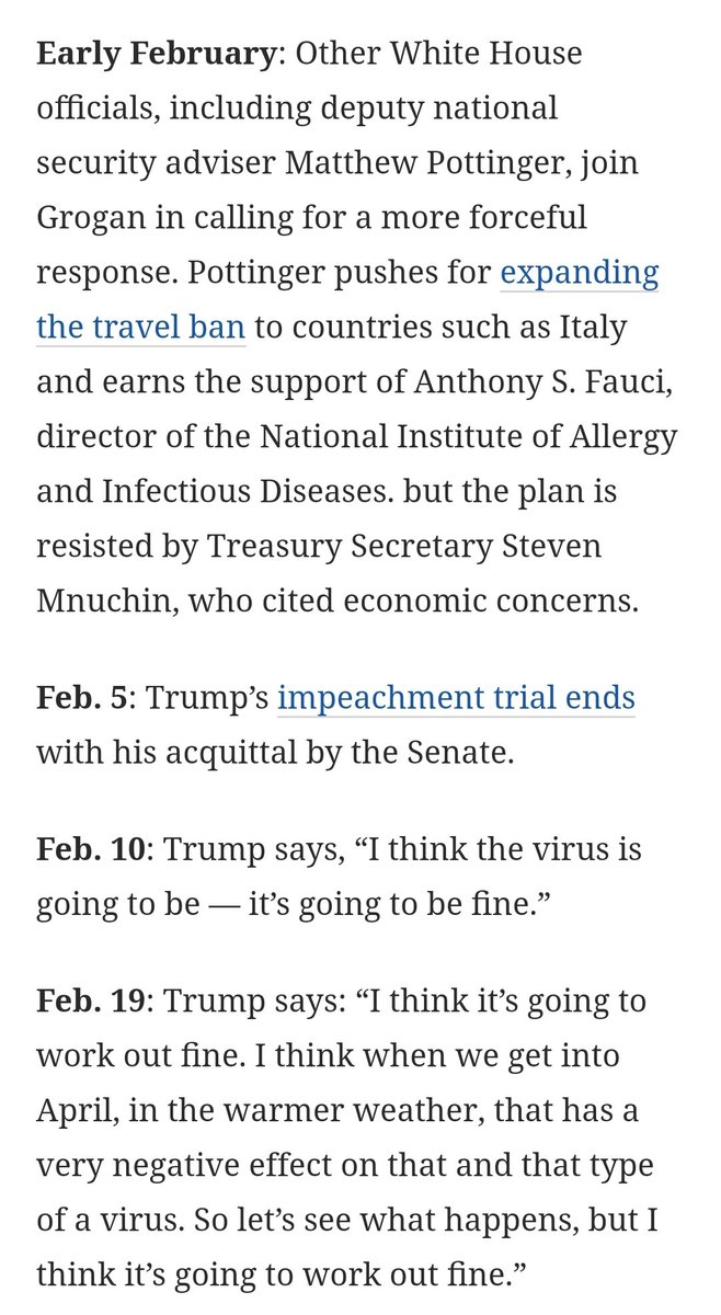 Deputy National Security Adviser Pottinger called for a more forceful response from Trump in early February but Treasury Secretary Mnuchin resisted. Feb. 10 he said it'll be fine. Feb. 19 Trump says it's going to work out fine by April. Feb. 24 he said US has it under control.