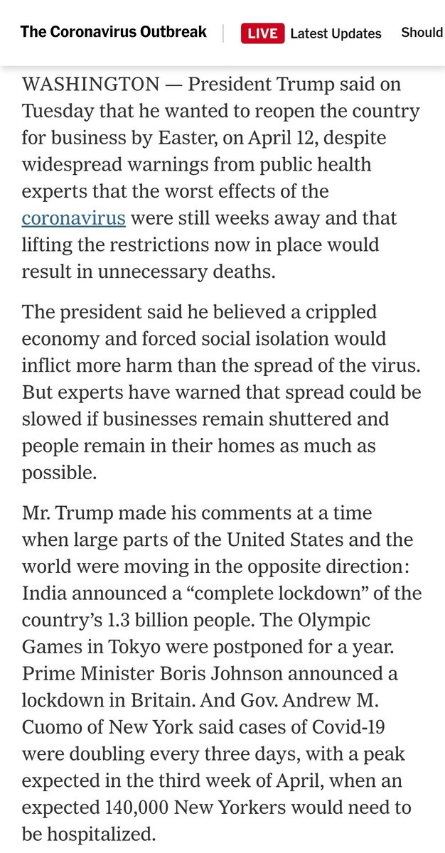 In fact, Trump kept downplaying  #COVID19 in tweets end of February and beginning of March. On March 24, when nations are locking down - Trump wanted to open up the country on April 12 for Easter which would be in 5 days.