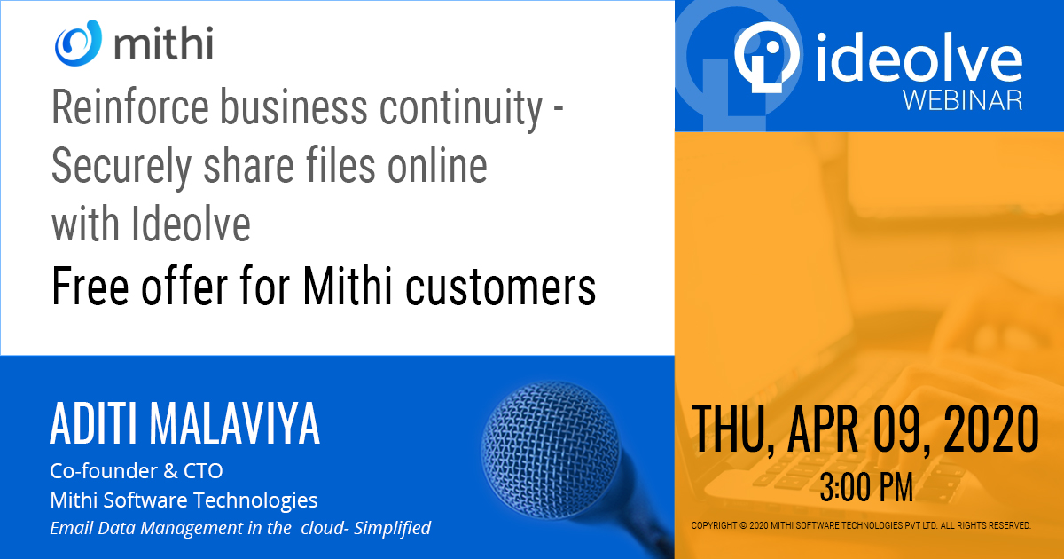 connect2mithi's tweet image. Free offer for #Mithi customers as a token of appreciation in their fight against #COVID-19

Work from home efficiently, effectively with secure file sharing

Learn more in #webinar: ow.ly/cA0A50z7hlo

#WFH #coronavirus #ideolve #productivity #freeoffer