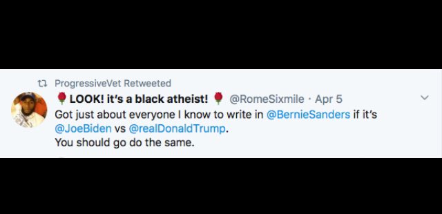 nevbav's tweet photo. @Peter_M_V @KHiveForAmerica #BernieStans R going 2 write in Bernie or vote Trump.
They don’t give 1 shit if Trump is re-elected.
They think their faux moral outrage makes them impervious 2 the responsibility of their actions.
Biden wasn’t my 1st choice.
But I am single issue voter.
Vote Trump the fuck out! https://t.co/4legb0L3VY