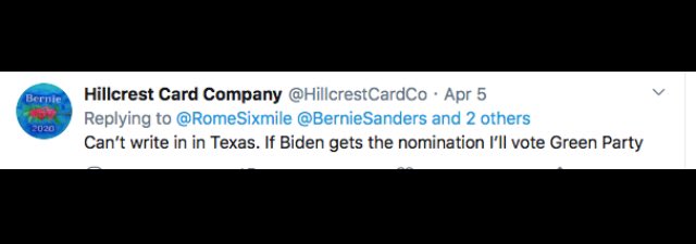 nevbav's tweet photo. @Peter_M_V @KHiveForAmerica #BernieStans R going 2 write in Bernie or vote Trump.
They don’t give 1 shit if Trump is re-elected.
They think their faux moral outrage makes them impervious 2 the responsibility of their actions.
Biden wasn’t my 1st choice.
But I am single issue voter.
Vote Trump the fuck out! https://t.co/4legb0L3VY