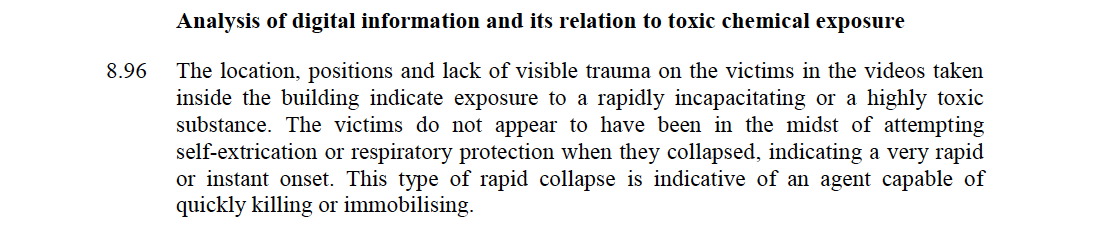 7) The most disturbing issue concerns suppression of toxicology reports regarding how approx. 50 civilians were killed at location 2. The Final OPCW report notes the deaths could not be linked to a specific chemical and that the agent appear to be fast acting.