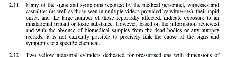 7) The most disturbing issue concerns suppression of toxicology reports regarding how approx. 50 civilians were killed at location 2. The Final OPCW report notes the deaths could not be linked to a specific chemical and that the agent appear to be fast acting.