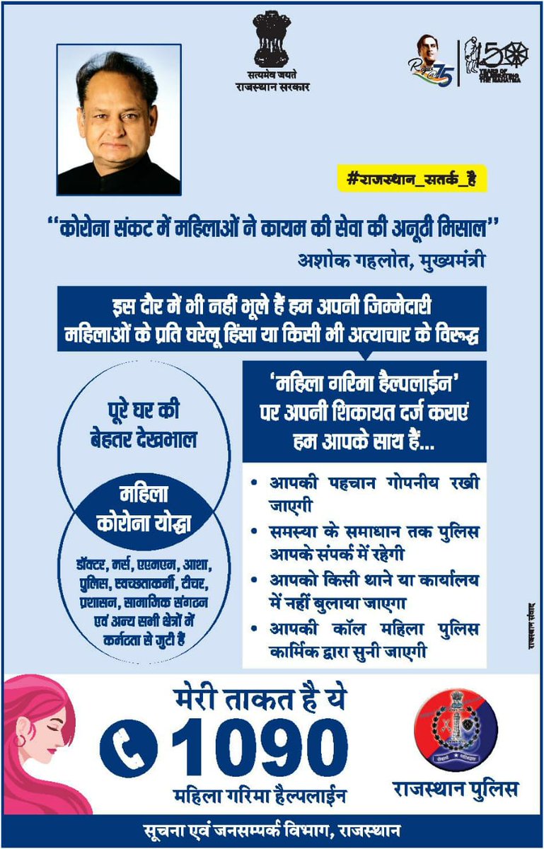 समृद्ध समाज के निर्माण हेतु विभिन्न क्षेत्रों में महत्वपूर्ण भूमिका निभाती प्रत्येक महिला को सुरक्षित वातावरण प्रदान करना हमारी जिम्मेदारी है।

#घरेलूहिंसा या किसी भी अत्याचार के विरूद्ध शिकायत करें।

महिला गरिमा हेल्पलाइन - 1090 
 या
डायल करें - 100, 112

#राजस्थान_सतर्क_है
