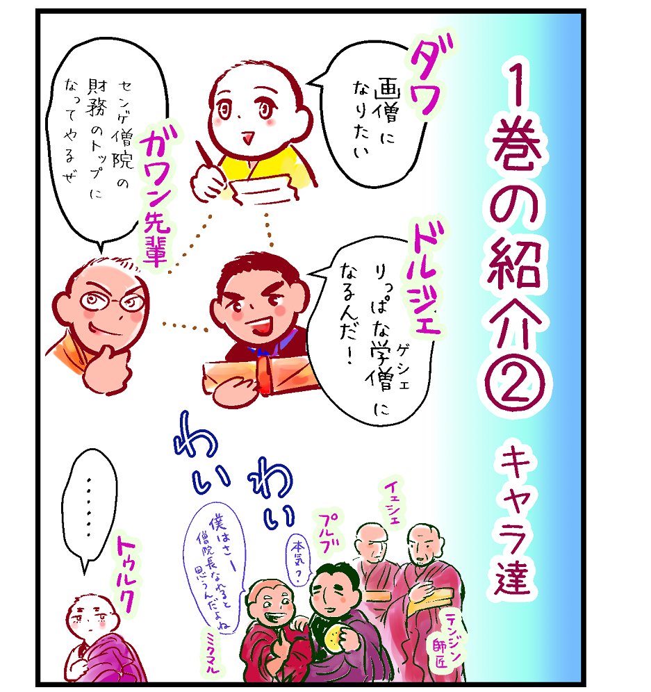 【新刊の宣伝②】『月と金のシャングリラ1巻』のキャラ達の中でもトゥルク(転生ラマ・化身僧)の存在はチベットならではのものです。 どのトゥルクからも感じる独特のオーラは、小さい頃からの帝王学によるものかな…と思ったりします。 #チベット #ブロマンス https://t.co/XLPTkZdqoh 