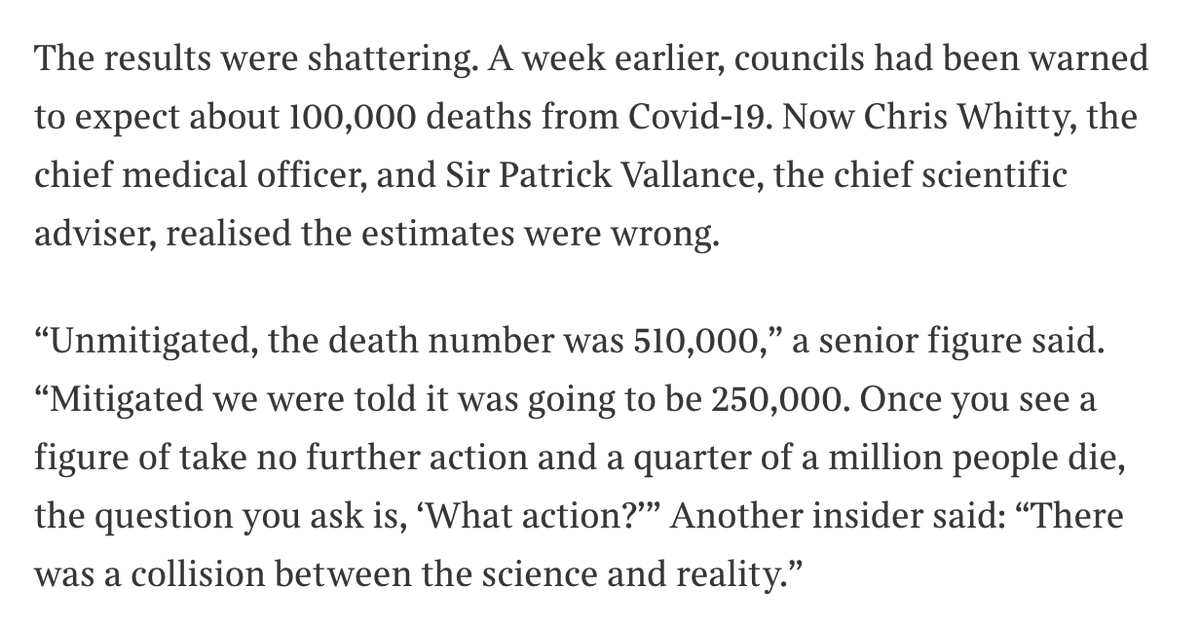 I should clarify as a couple people have brought it up. The article doesn't confirm 250,000 always predicted to die, but that re-thinking plausibility of lockdown was main driver of change, not science changing.  @ShippersUnbound suggests original figure was 100,000.