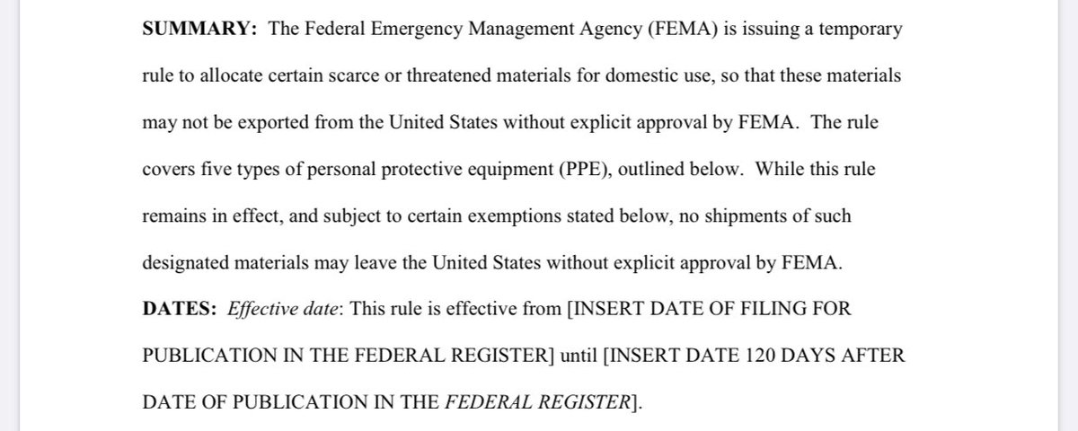 Subject to certain exemptions stated below, no shipments of five types of designated personal protective equipment ( #PPE), including the  #N95 masks made by  @3M may leave the U.S. without explicit approval by  @FEMA.  #Covid_19  #SupplyChains  #exportcintrols