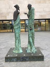 UCDLawOfficial's tweet photo. A beloved statue which sits in front of our main entrance, 'Judgement' depicts a student being rebuked for handing in an essay in a font other than Times New Roman. A valuable lesson for all. https://t.co/BFRYzTo4Mg