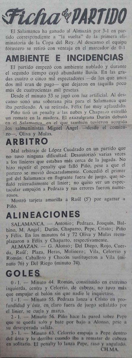 SDAlmazanoficia's tweet photo. COPA DEL REY
Temporada 1978-79
Salamanca 3 - Almazán 1
Estadio Helmántico (Salamanca)
Nos fuimos al descanso 0-1 con gol de Rafa Celorrio https://t.co/iN3iMXwbfI