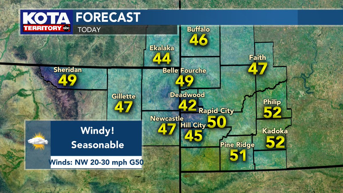 KOTAWeather's tweet image. Temperatures will be cooler today compared to yesterday, but we are still seasonable for this time of the year across KOTA Territory! Rain/snow showers will end later this morning &amp;amp; clouds will decrease throughout the day. Keep an eye on those trash cans! #KOTAWeather