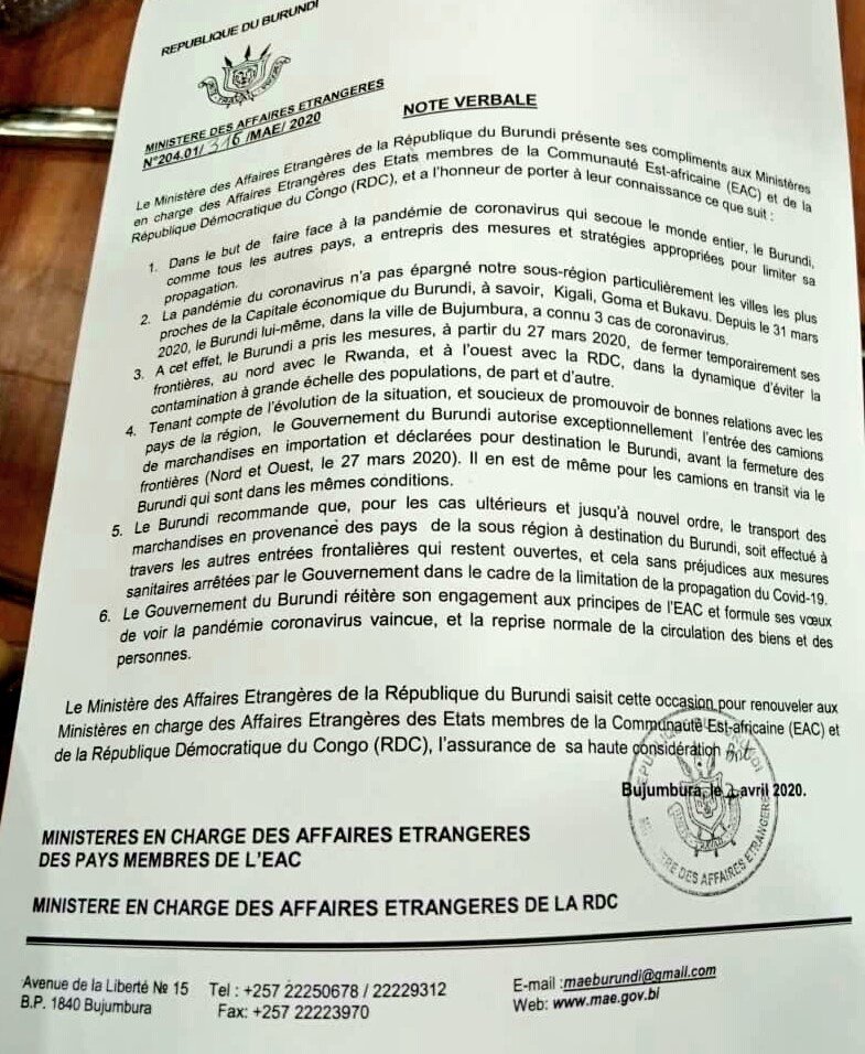  Après la fermeture temporaire des frontières avec le  #Rwanda et la  #RDC pour "éviter la propagation du  #coronavirus dans la région", le  @BurundiGov autorise "exceptionnellement l’entrée des camions de marchandises en importation et déclarées pour destination le  #Burundi ..."
