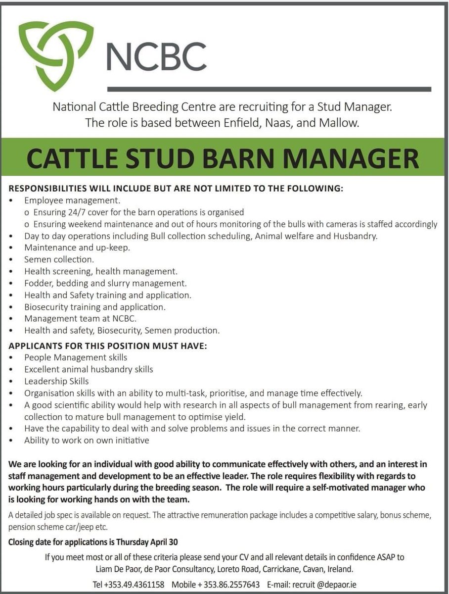 NCBC (@ncbcireland) on Twitter photo Due to retirement we have an interesting opportunity; Stud Manager <a href="/MunsterBovine/">Munster Bovine</a> <a href="/progressivegen/">Progressive Genetics</a> <a href="/irelandgenetics/">Ireland Genetics</a> <a href="/LiamdePaor/">de Paor Liam</a> depaor.ie/index.php/comm… #jobfairy #teamdairy #grasstomilk #sucklers #bulls Due to retirement we have an interesting opportunity; Stud Manager <a href="/MunsterBovine/">Munster Bovine</a> <a href="/progressivegen/">Progressive Genetics</a> <a href="/irelandgenetics/">Ireland Genetics</a> <a href="/LiamdePaor/">de Paor Liam</a> depaor.ie/index.php/comm… #jobfairy #teamdairy #grasstomilk #sucklers #bulls