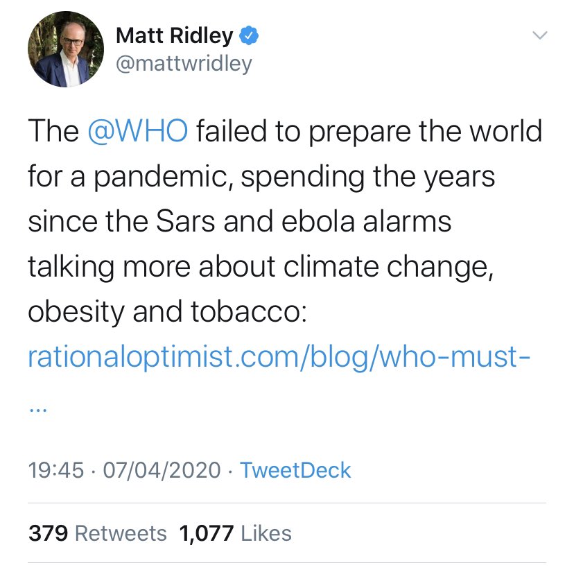 Ah, Matt Ridley is blaming the WHO for downplaying the threat from infectious disease.Is this the same  @mattwridley who wrote this in 2016?