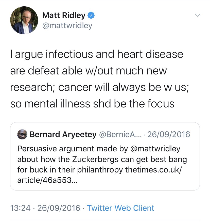 Ah, Matt Ridley is blaming the WHO for downplaying the threat from infectious disease.Is this the same  @mattwridley who wrote this in 2016?