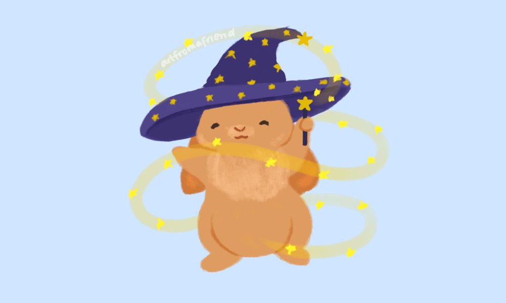 here is a bunny who is also a witch! she finally found the essence of her soul (stars, stars, stars!), and she is currently casting her very first spell: a spell to make you smile. 