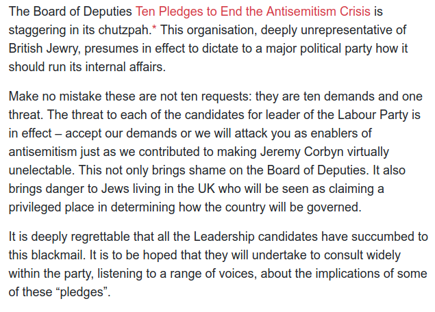 The Board of Deputies of British Jews was founded in 1760. It does not represent all Jewish Communities in the UK. It does not represent secular Jews. It does not represent the views of  @JVoiceLabour. They have their own grief, their own anger:  https://www.jewishvoiceforlabour.org.uk/statement/response-to-board-of-deputies-10-pledges-document/