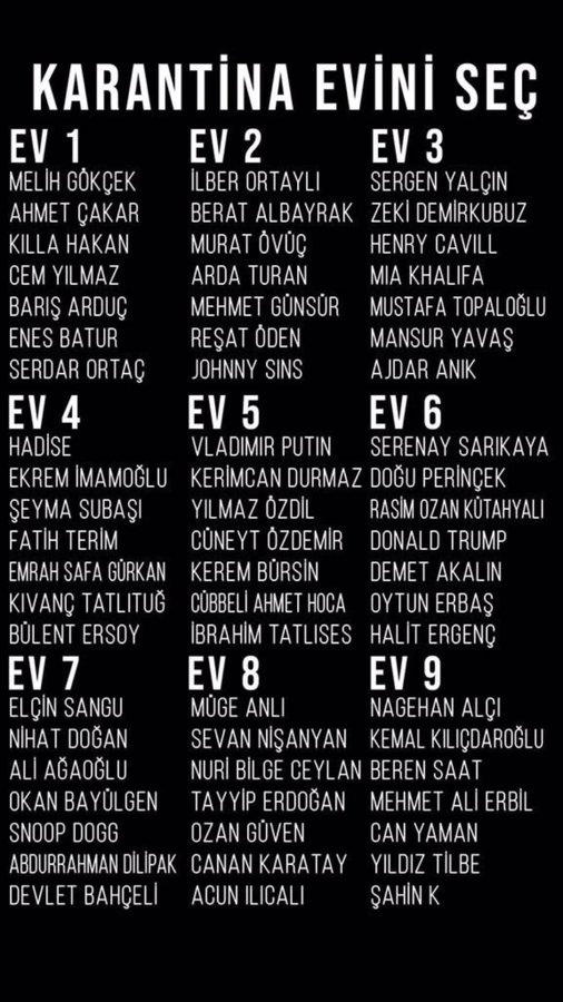 son yıllarda gördüğüm en akıllıca viral... bu listedeki herkesi tanıyorsunuz, biri hariç... müzisyen reşat öden. kristal elma verilmeli bunu hazırlayan arkadaşa.