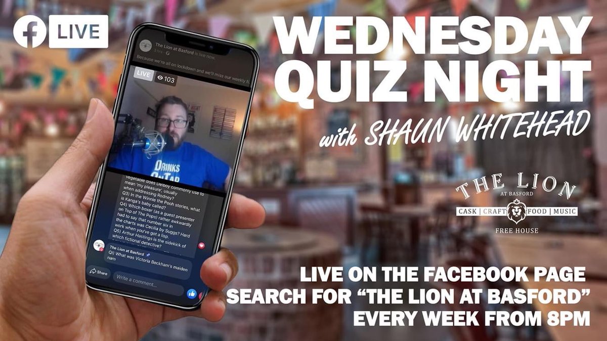 The Lion at Basford (@thelionbasford) on Twitter photo Quarantine Quiz Night week 3
Join Shaun live on our Facebook page tonight from 8pm and pass the boredom with a good olβ fashioned pub quiz!! Grab a pen and paper and gather around a laptop/iPad/phone with your team ππΊπ¨βπ©βπ§βπ¦π©βπ©βπ¦βπ¦π¨βπ¨βπ¦βπ¦π©βπ¦βπ¦π¬ Quarantine Quiz Night week 3
Join Shaun live on our Facebook page tonight from 8pm and pass the boredom with a good olβ fashioned pub quiz!! Grab a pen and paper and gather around a laptop/iPad/phone with your team ππΊπ¨βπ©βπ§βπ¦π©βπ©βπ¦βπ¦π¨βπ¨βπ¦βπ¦π©βπ¦βπ¦π¬