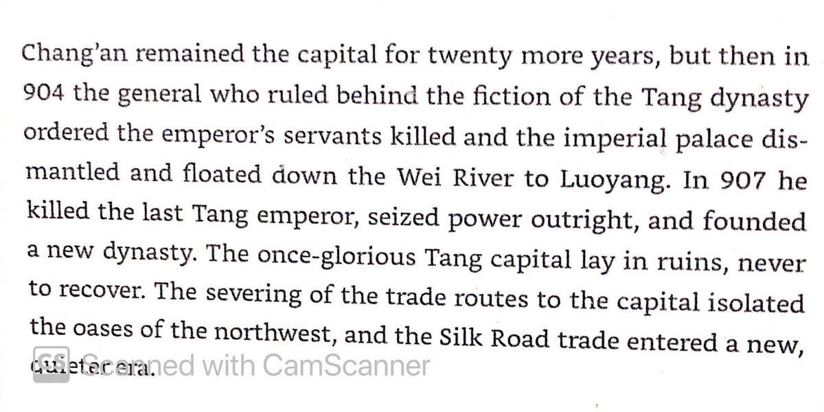 Sea trade to China became increasingly popular from late 7th to mid 9th century. Arabs played a major role in this trade, but were largely exterminated in Huang Chao Rebellion with other foreigners. The sea trade declined after this, & weakened Tang Dynasty fell in 907.