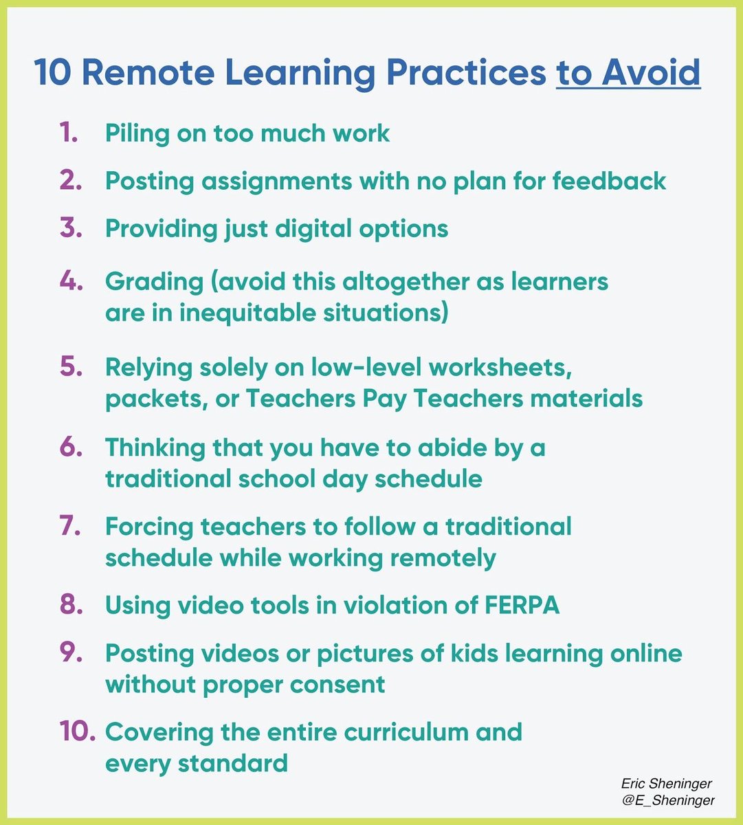 E_Sheninger's tweet photo. 10 Remote Learning Practices to Avoid https://t.co/vfhYDoiIyx #aussieED #ukedchat #intled #globaled #globaledchat #edchatMENA #edchatNZ #whatisschool https://t.co/QTyNnix8Le