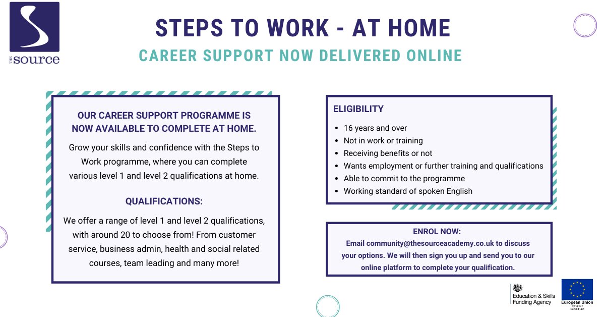 thesourceacad's tweet photo. Our Steps to Work programme, is now available to complete from home!
To access career support and complete a qualification to boost your CV, contact us now at: community@thesourceacademy.co.uk
#Careersupport #Boostyourcv #Training #Sheffieldissuper #Sheffield #jobs #cpd https://t.co/XJKkygYKhK