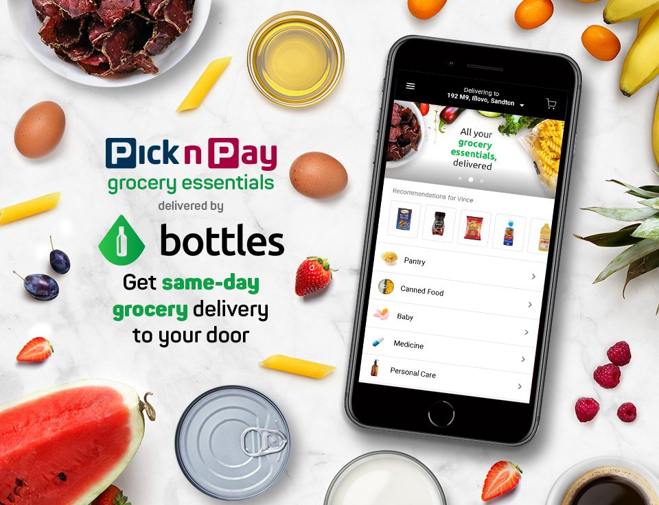 Skip the queues and shop all your lockdown essentials with same-day delivery, thanks to <a href="/PicknPay/">Pick n Pay</a> and @bottlesapp *Select areas only* See store list > bit.ly/2Rlj5OS