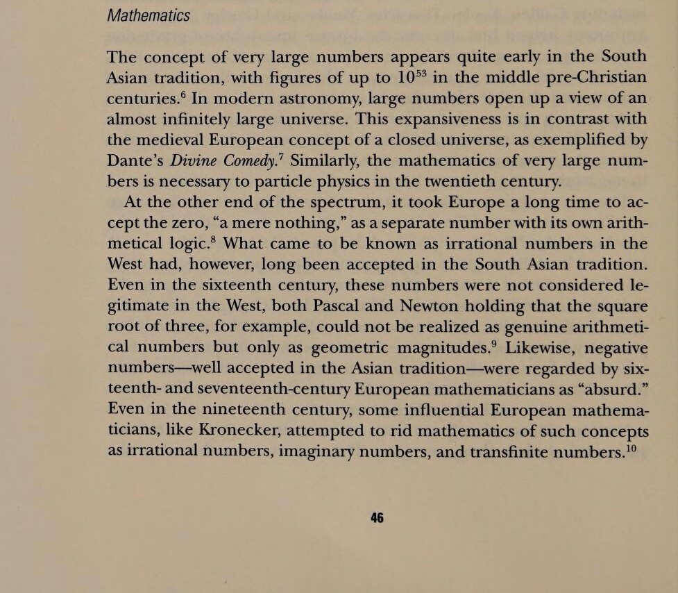 European Mathematics was primitive.Indians knew of numbers 10 raised to power 53 in early Christian age. Contrasting with Dante ‘Divinia Comedia’. Pascal & Newton held that Sq Rt Of 3 wasn’t a genuine arithmetical number. Even -ve numbers not accepted.