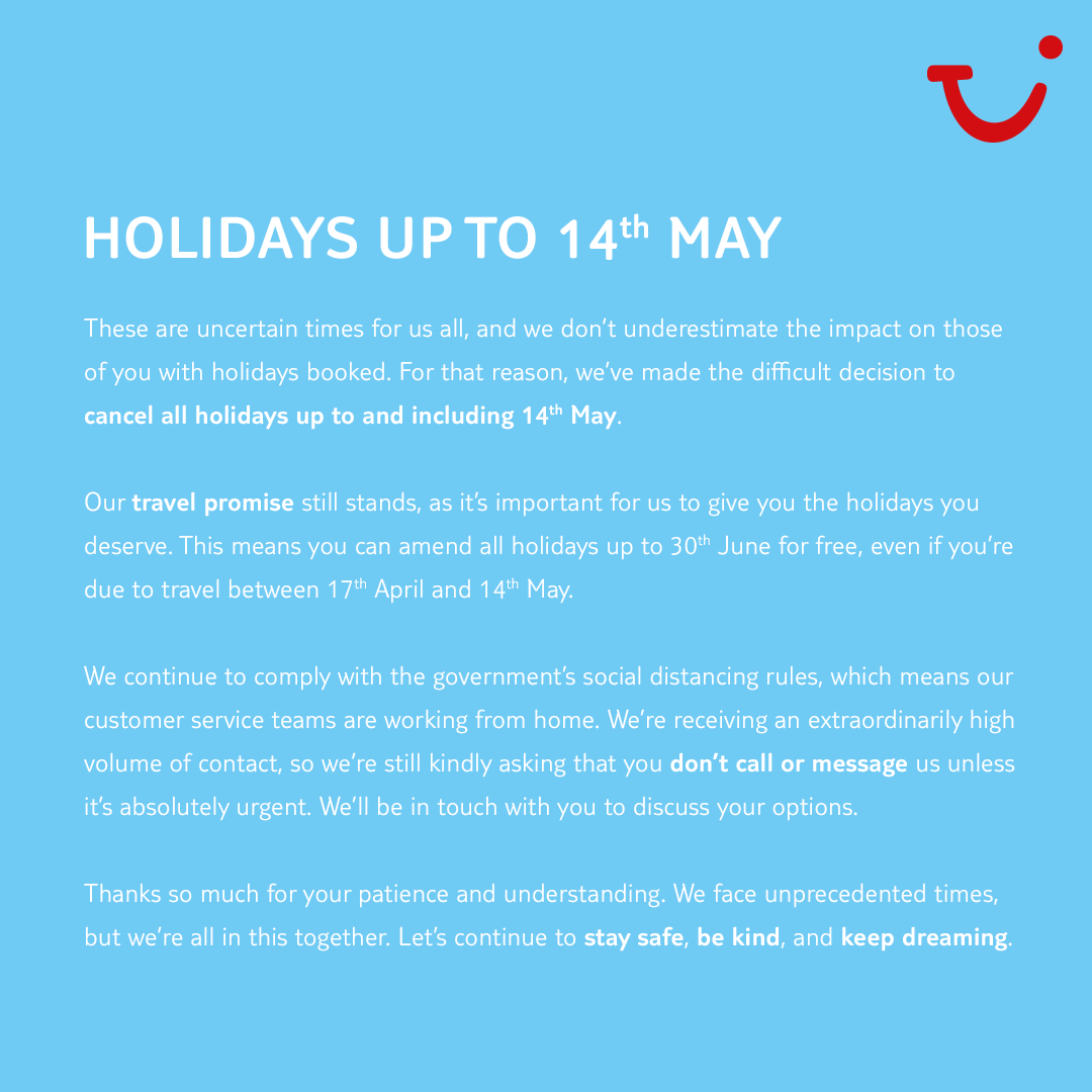 TUIUK's tweet photo. Please read our latest travel info for holidays up to and including 14th May. We kindly ask you not to contact us – you’ll find most answers to your questions here: https://t.co/Y4fZVfLlwr https://t.co/QeiCZxvAnp