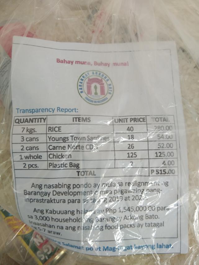 LOOK: This relief pack from Bgy Arkong Bato in Valenzuela City includes a breakdown of its contents. Bgy Chairman Cris Feliciano says this is to let people know where their taxes are going.The pack includes, 7kgs of rice, 3 sardines, 2 corned beef, and a whole chicken.