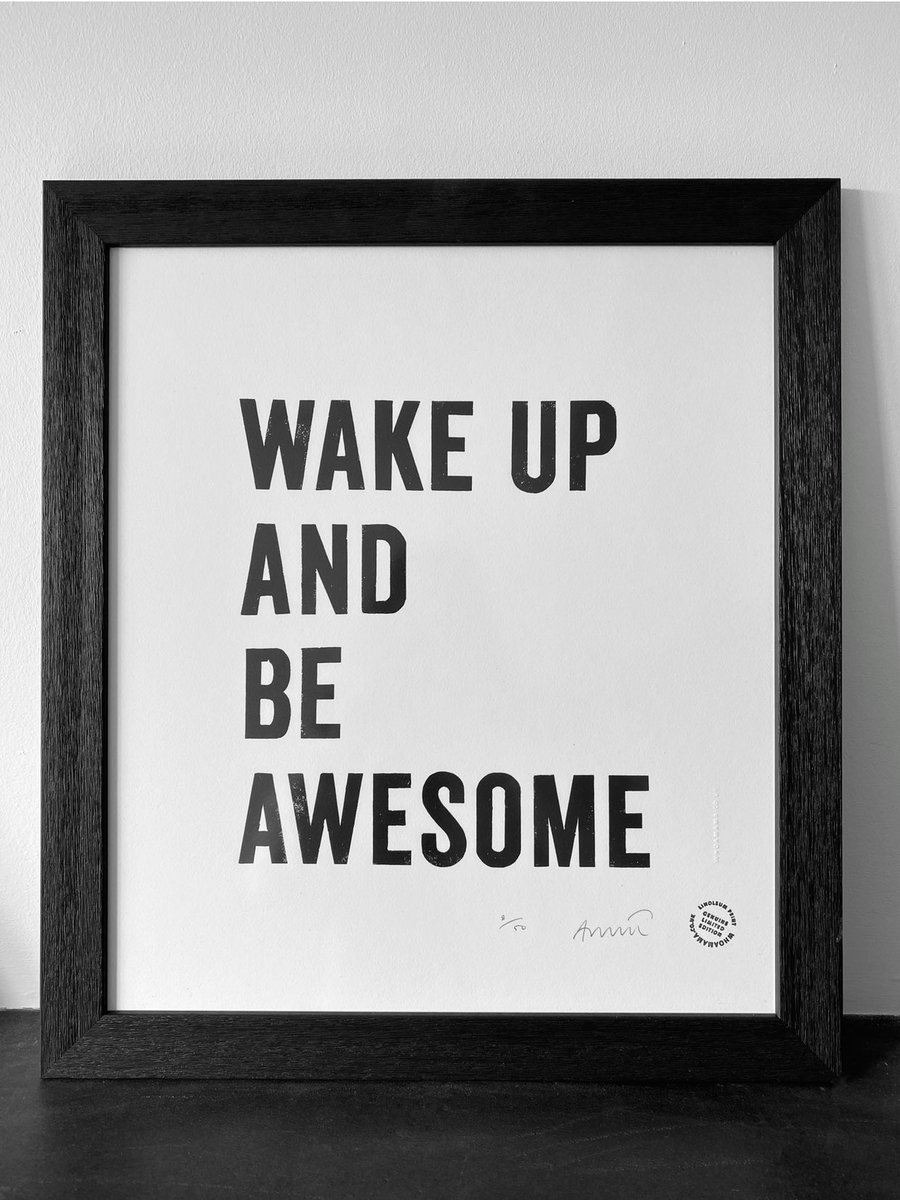 sandrockhouse's tweet photo. The perfect gift....Let’s all be #awesome today.  Limited edition #linoprint Framed using anti reflective art glass to enhance this message. DM to purchase #MotivationalQuotes #quotestoliveby #justdoit #artforsale https://t.co/X6HbNDVQTr