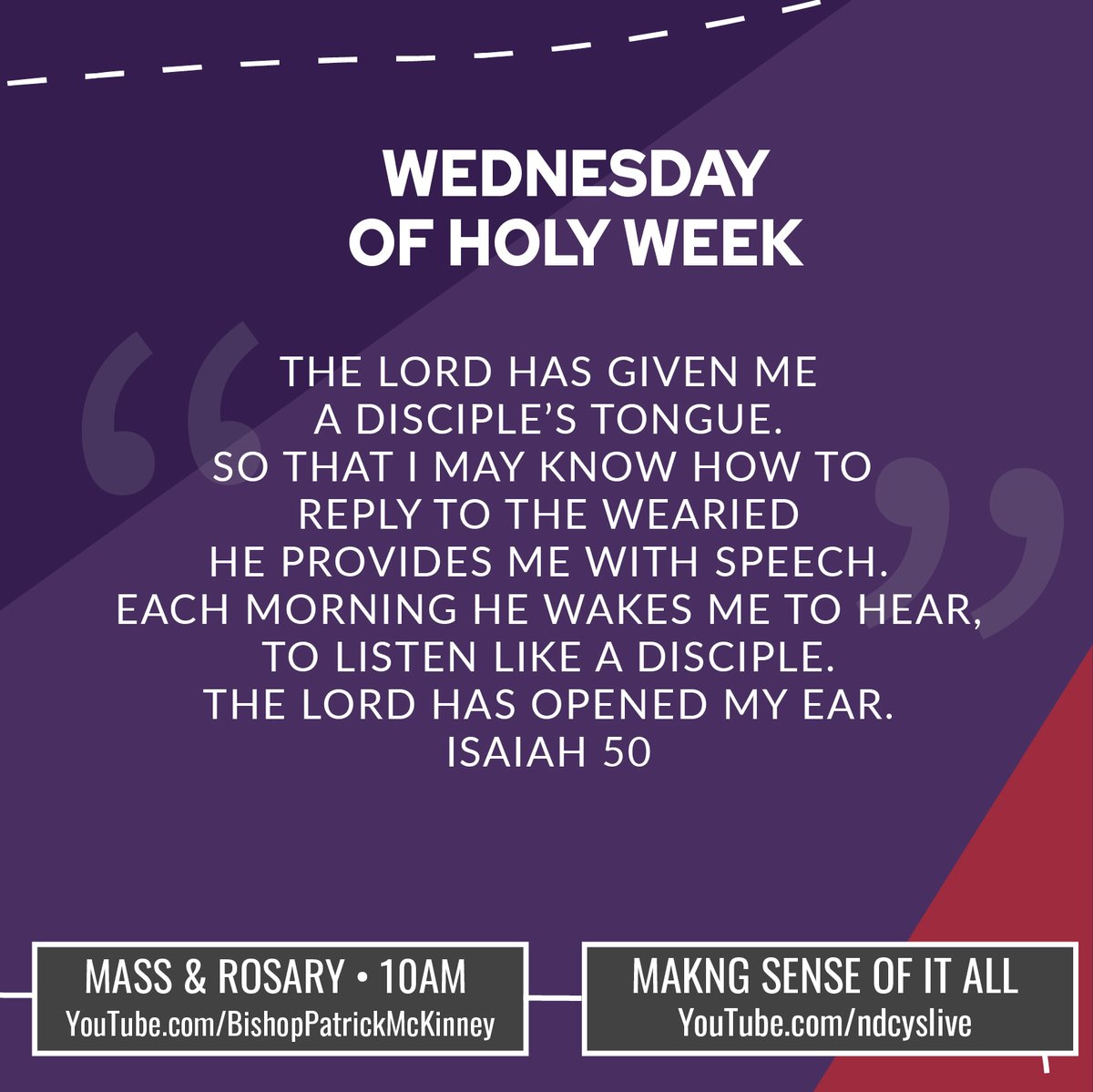 NDCYS's tweet photo. #wednesdayofholyweek #today #lent #faith #holyweek #maundythursday #goodfriday #eastervigil #eastersunday Join @bishoppmckinney for Mass and visit https://t.co/tc1HuHUdUe for some BRAND NEW content today! https://t.co/ITwRBUudtl
