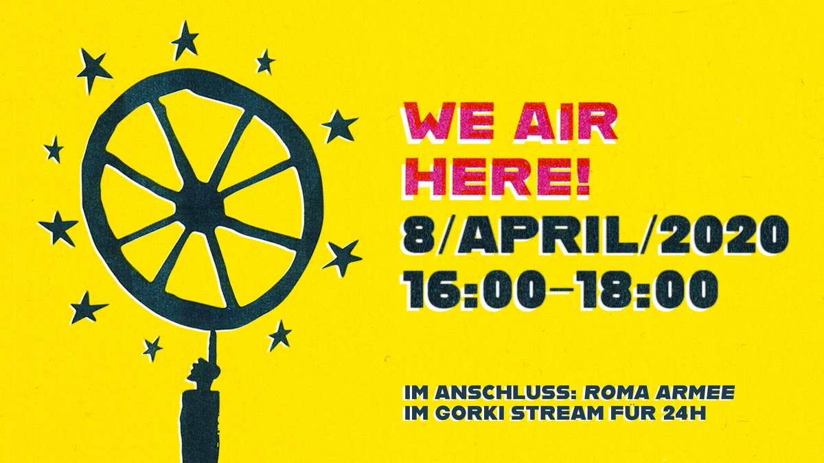 Today is #ROMADAY! Für Solidarität mit den Sinti und Roma Europas, gegen #Antiziganismus. 
Das Online-Programm: 
Facebook Livestream beim <a href="/RomadayEveryDay/">Bündnis für Solidarität mit den Sinti und Roma</a> 16-18 Uhr bit.ly/2Xfbntj 
ROMA ARMEE im Gorki Stream ab 18 Uhr bit.ly/3e41nsC
#WeAirHere #EverydayisRomaDay