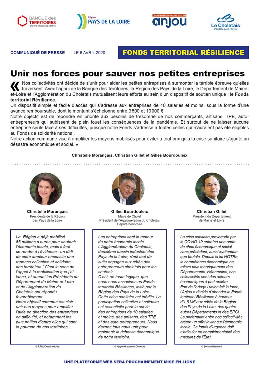 C_MORANCAIS's tweet photo. 👍🏻Merci à @GBOURDOULEIX &amp; @ChGillet49 qui rejoignent le #FondsRésilience. 
➡️Notre objectif commun est clair : unir nos moyens pour amplifier l’aide en direction des #entreprises du Choletais en difficulté, notamment les plus petites d’entre elles. #MaineEtLoire #Covid_19 https://t.co/PkT7cknL7R