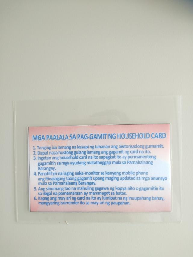 The family representative must bring the card when claiming their relief packs from the Barangay.The card also comes with a set of instructions on social distancing and penalties for forging or misuse of the card.