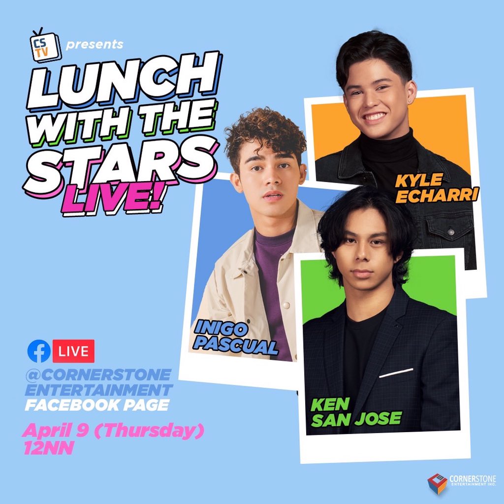LovetiesOFC's tweet photo. Lunch date with @InigoDPascual,Kyle and Ken tomorrow, April 9, 12 nn LIVE at Cornerstone Entertainment Facebook Page! ❤
#CSTVLive #CSTVLunchWithTheStars #CSTVPresentsLunchWithTheStars https://t.co/NzDoAyxyY6