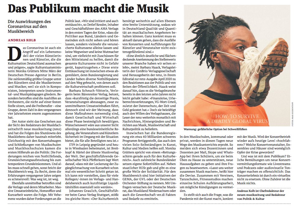 Wie wirkt sich das #Coronavirus auf den Musikbereich und insbesondere Musikverlage aus? Andreas Kolb <a href="/musikzeitung/">neue musikzeitung @nmz@bildung.social</a> gibt einen Überblick: kulturrat.de/corona-versus-…