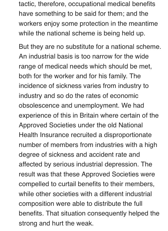 Bevan on why occupational health insurance isn’t the answer and we need a universal service (and I’d argue, same thing applies to having a decent benefits safety net for all, not just a reliance on occupational sick pay). Jack Jones said the same thing to me about pensions.