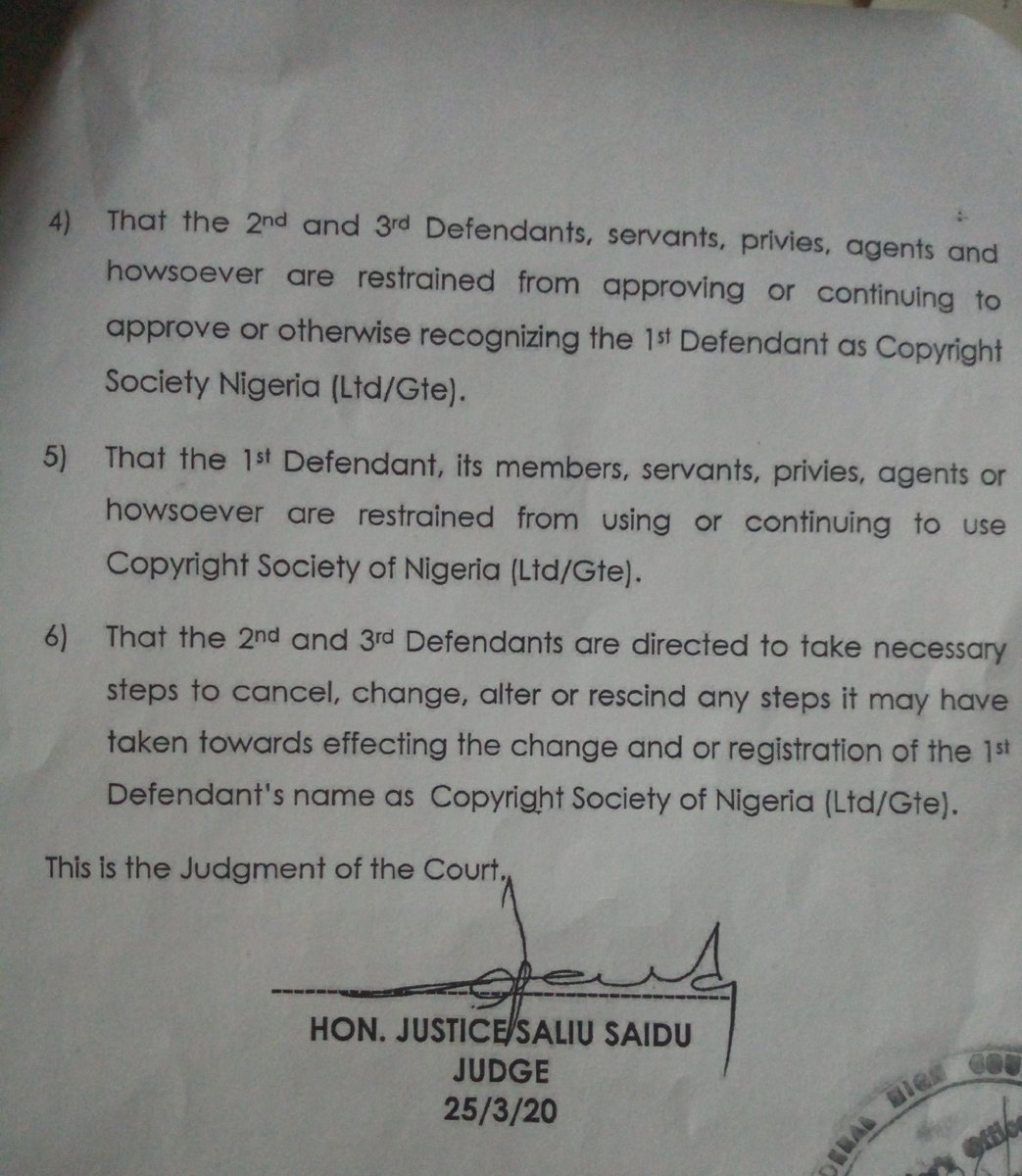 MCSN v  @COSONNG & ors. delivered by the Nigerian Fed. H. Crt 25/3/2020. Among others, the judgment directs the Corporate Affairs Commission to remind the registration of the name Copyright Society of Nigeria Ltd/Gte & restrains COSON from using the name. COSON has appeald ... 1