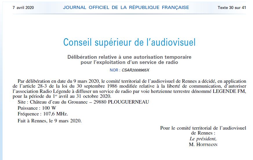 Arcom_Rennes's tweet photo. 📻la radio temporaire @LegendeFm autorisée jusqu'au 31 octobre 2020 à Plouguerneau sur le 107,6 MHz. https://t.co/fwoXhoyXqk