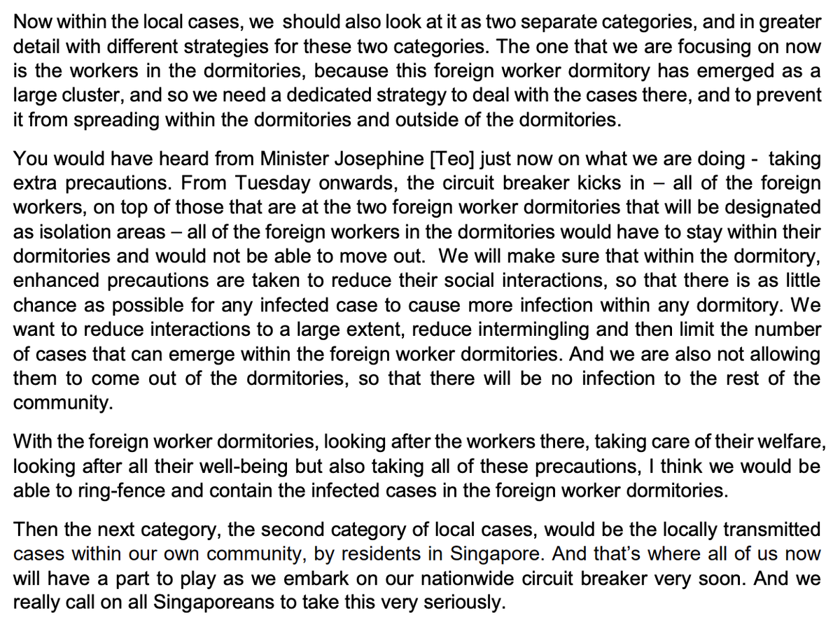 "Two separate categories" for local   #COVID19 cases: local community + migrant workers. A "ring-fence" to contain dormitory cases, before moving on to talk about "our own community".It& #39;s clear that migrant workers aren& #39;t considered part of "our" and "us.   #SGUnited indeed.