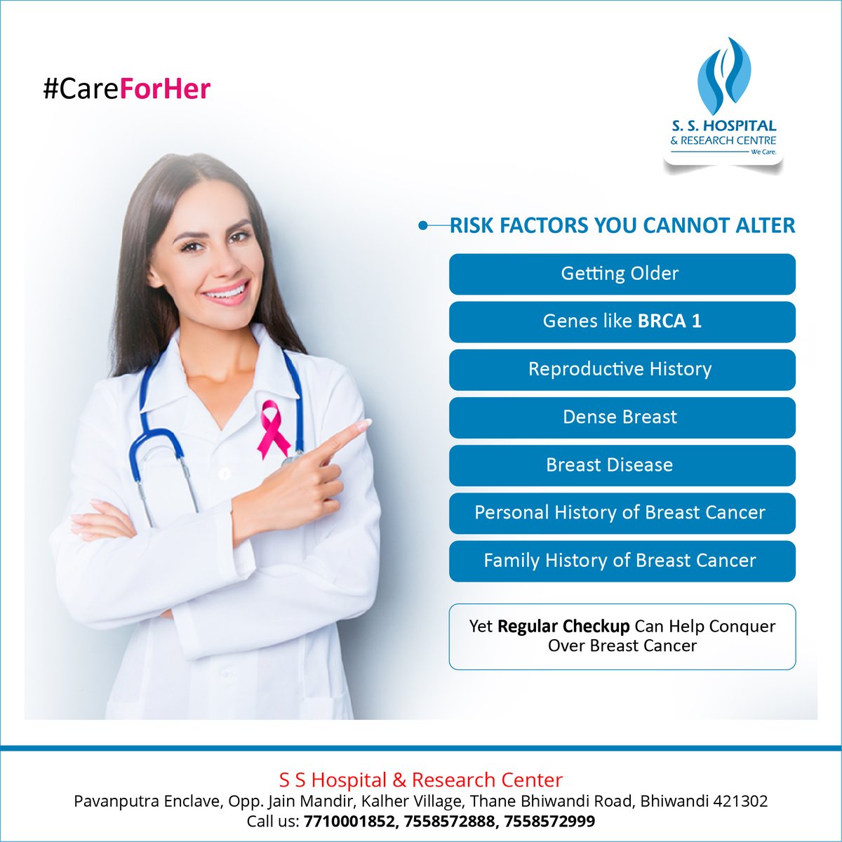 SS_HOSP's tweet photo. Regular checkups are really important for conquering over breast cancer because if it's diagnosed early most women can get better and can also get back to their normal lives.
#Breastcancer #careforher #Healthcare #womencare #SSHospital https://t.co/frqDBQTJl2