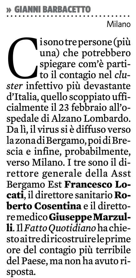I nomi e i cognomi. Segnateveli. Leggete <a href="/gbarbacetto/">gianni barbacetto</a> oggi su <a href="/fattoquotidiano/">Il Fatto Quotidiano</a> per sapere chi gestisce la Sanità in Lombardia e chi sono i dirigenti del disastro di Alzano Lombardo (e poi di Bergamo, Brescia, Milano)
#ciricordiamotutto