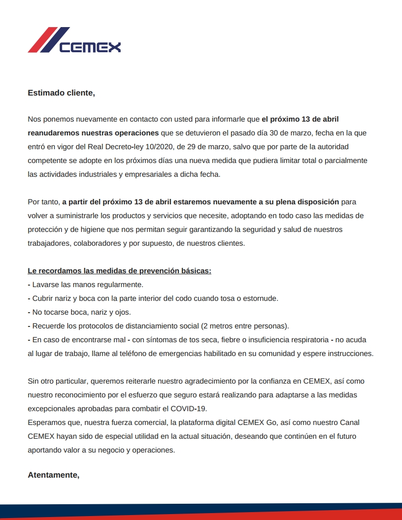 Información a clientes. El próximo 13 de abril reanudaremos nuestras operaciones.
🌐 cemex.es/-/comunicacion…