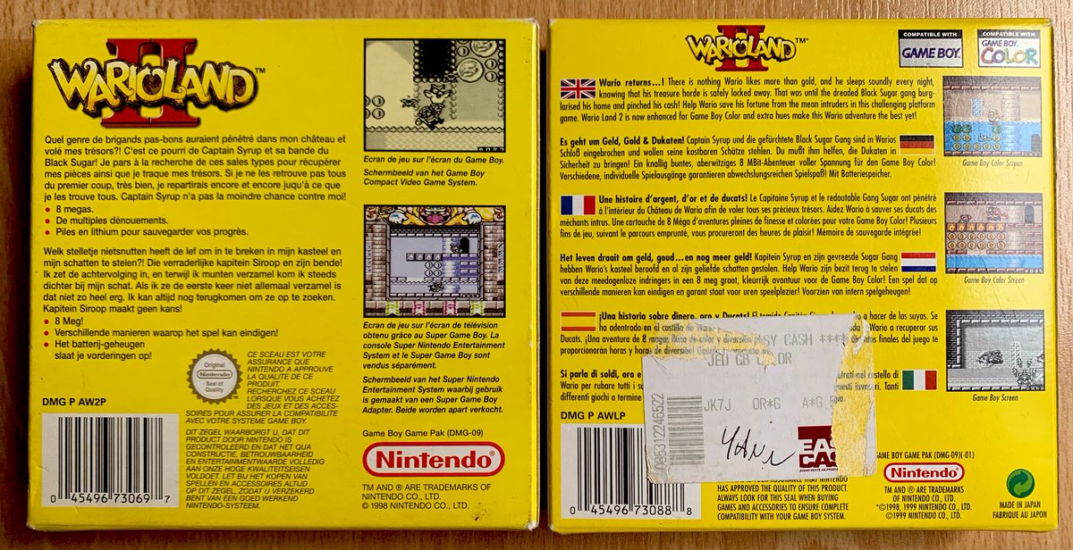 Wario Land II (GB/GBC, 1998/1999) Le saviez-vous ? Le second Wario Land est sorti sur 2 générations de Game Boy, la version Color étant d’ailleurs jouable (en noir et blanc bien sûr !) sur celle de base.On critique les portages/remasters rapides, mais c’est pas nouveau :)