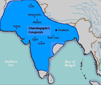 Chandragupta is the first of the rulers of India to be able to join up the valleys of Indus & the land of five rivers with the eastern valleys of Ganga and Yamuna in one empire that stretched from Aria ( Herat, in Afghanistan) to Bengal, and from Kashmir to Mysore.